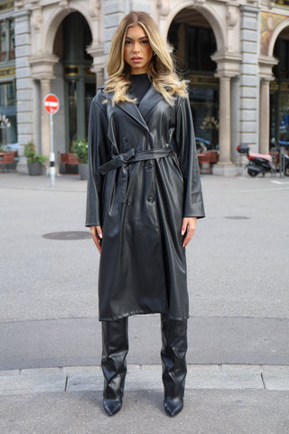 Premium longline coat with leather look